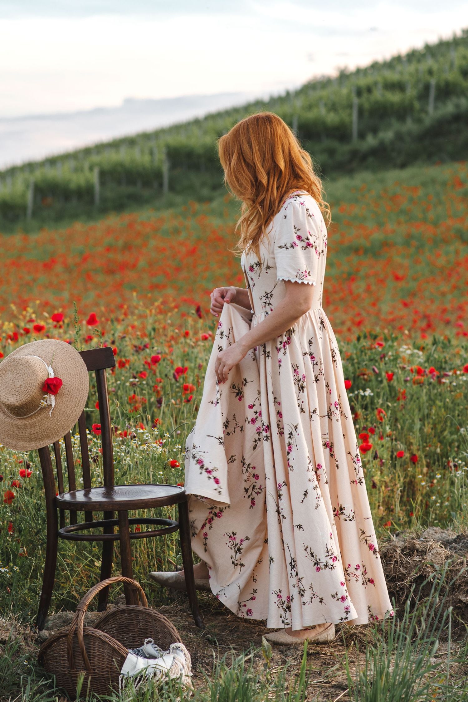 Beige Floral Linen Maxi Dress - Flowy Ankle-Length with Pockets 5211