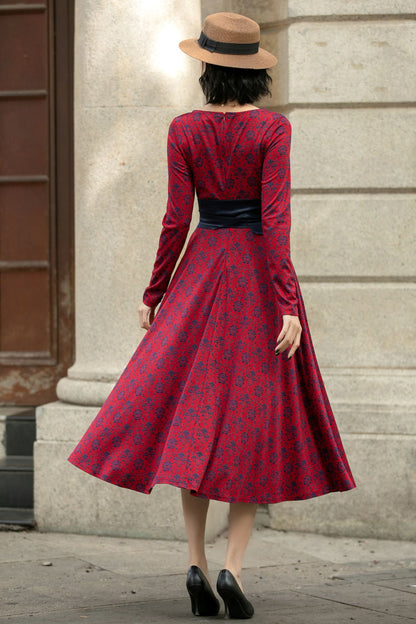Xiaolizi Stretch Floral Belted Midi Dress – Long Sleeve with Pockets 5687 -XS #CK2500041