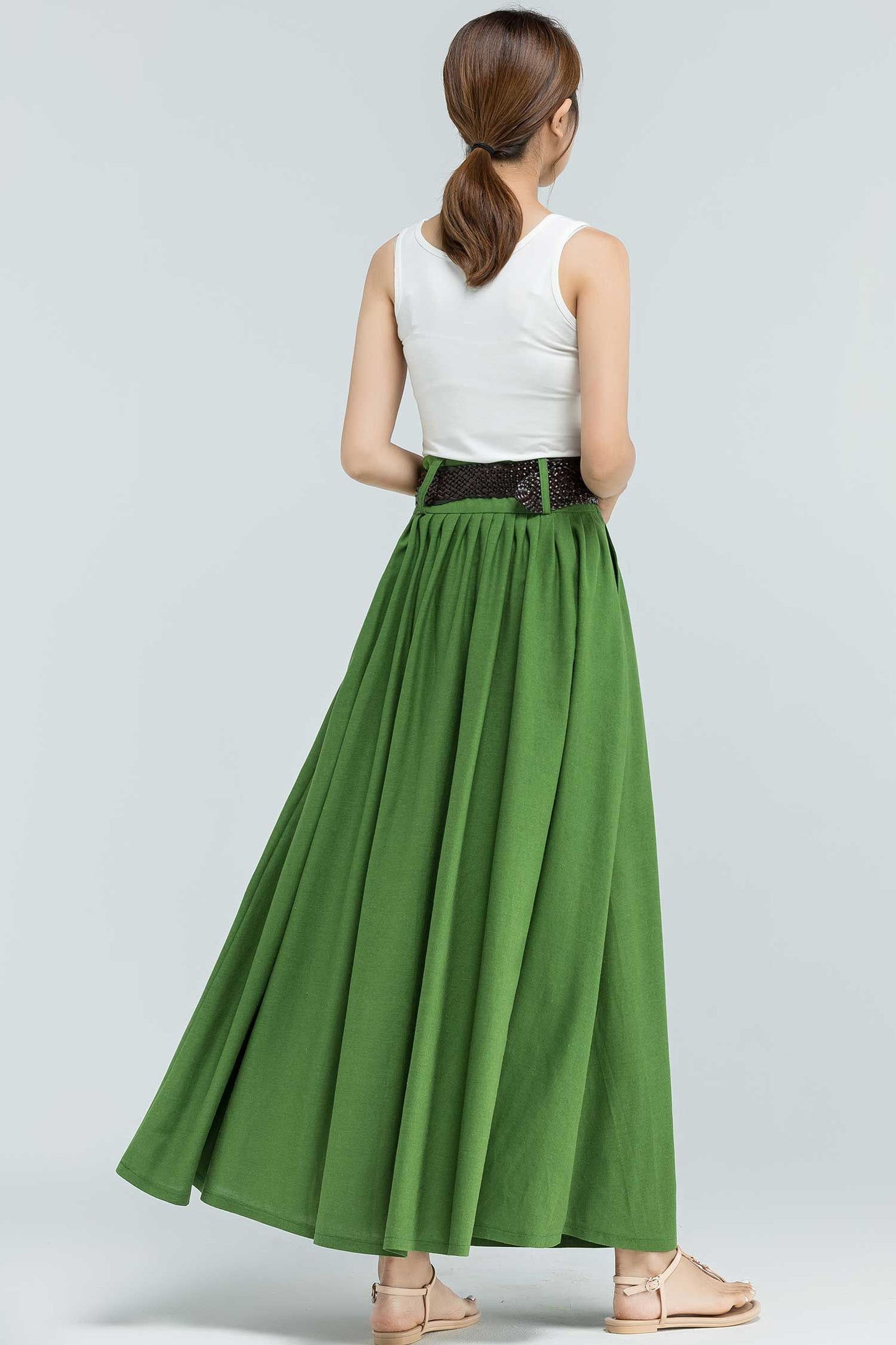 Green Linen Maxi skirt with pockets 2381