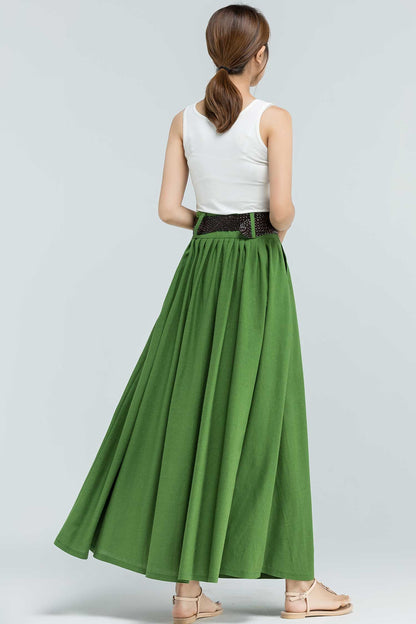 Green Linen Maxi Skirt - Pleated Waist with Pockets 2381