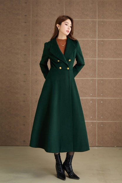 Green Wool Midi Coat - Fit and Flare Double Breasted Winter Outerwear 5368
