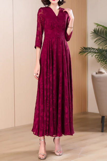 Burgundy maxi fit and flare long chiffon dress 5045