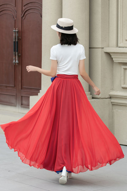 Red Chiffon Ankle-Length Skirt - Elastic Waist with Belt 5108
