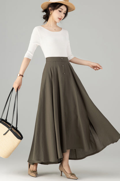 Olive Green Linen Cotton Maxi Skirt - Button-Up A-Line | Xiaolizi 5702