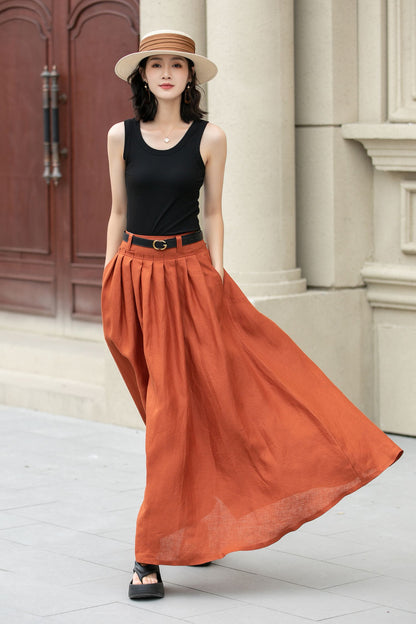 Apricot Linen Maxi Skirt - Pleated Waist, Ankle Length 5149