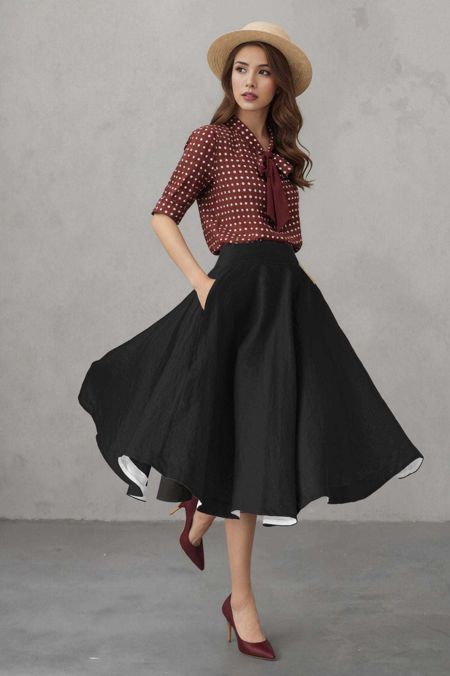 Black Linen Midi Skirt - High Waist A-Line | Xiaolizi 6753