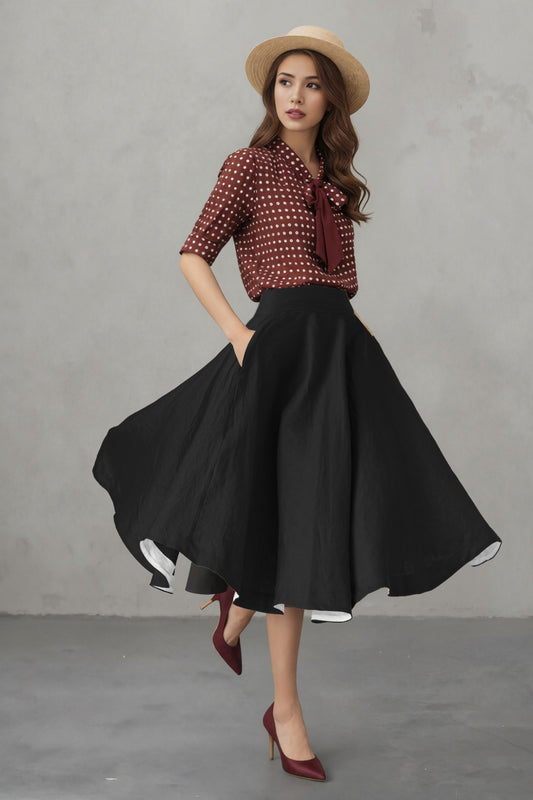 Black Linen Midi Skirt - High Waist A-Line | Xiaolizi 6753