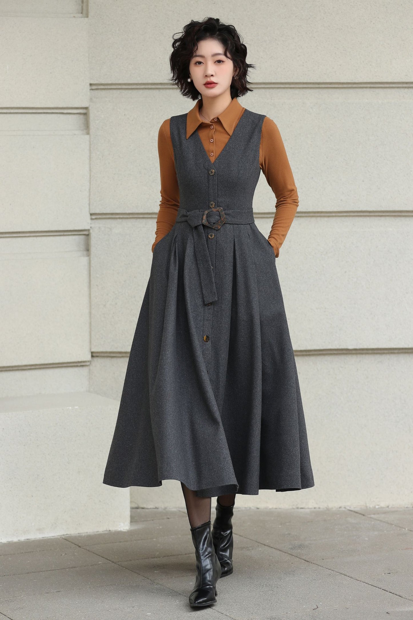 Gray Handmade Wool Pinafore Midi Dress – Vintage A-Line Style 6614
