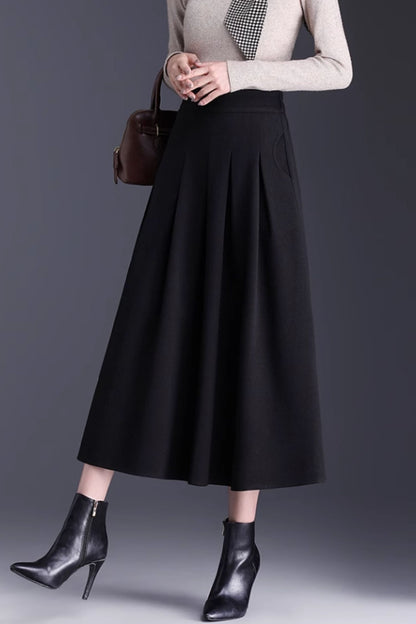 Burgundy Wool Midi Skirt - Pleated A-Line Silhouette 6138