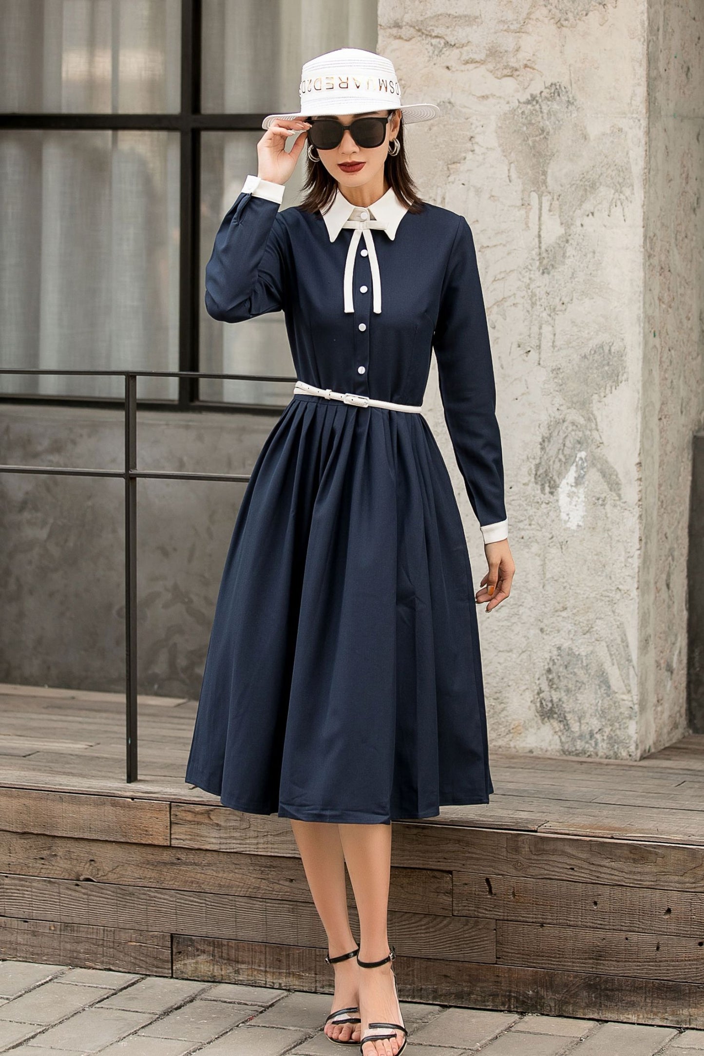 Summer Fall Navy Formal Button Up Midi Dress 2845