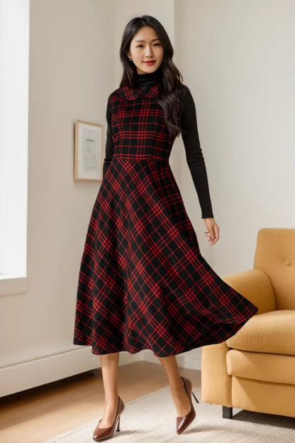 Plaid Wool Midi Dress – Sleeveless Fit and Flare Winter Dress 5478