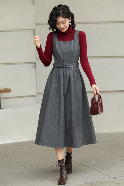 Gray Wool Midi Dress - Sleeveless Swing Silhouette with Belt 6427