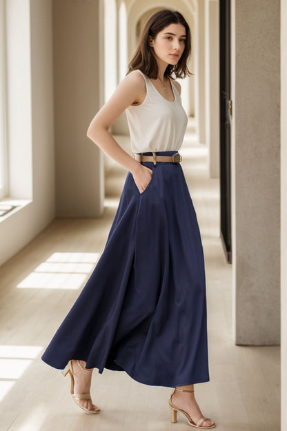 Navy Blue Linen Blend Maxi Skirt - High Waist A-Line with Pockets 5131