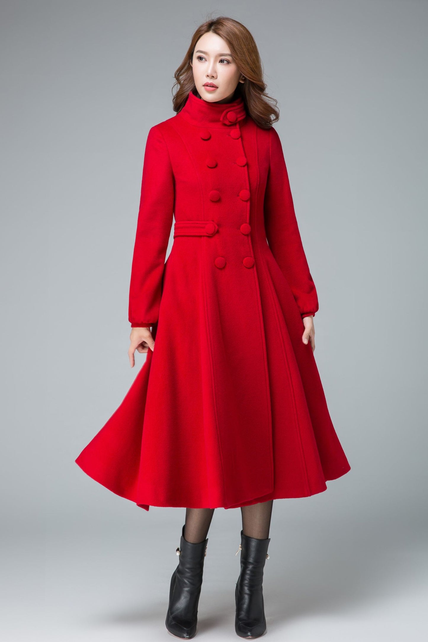 Red Fit and Flare Wool Long Winter Coat Women 1846#