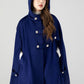 Women's Winter Blue Wool Hooded Wool Cape Coat 4601