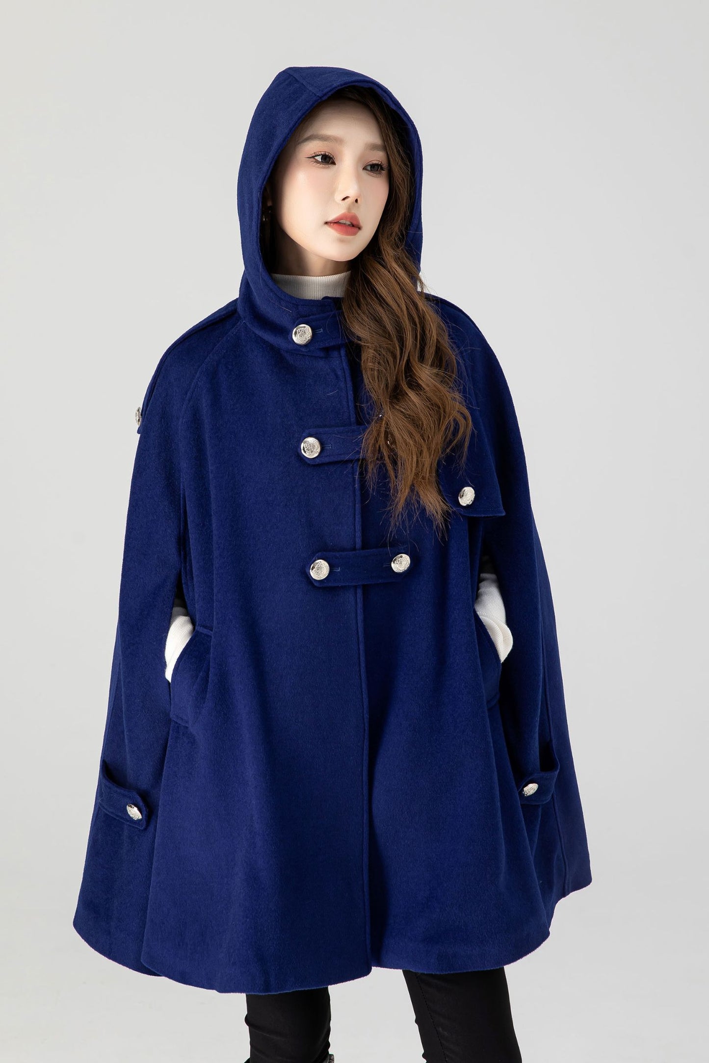 Women's Winter Blue Wool Hooded Wool Cape Coat 4601