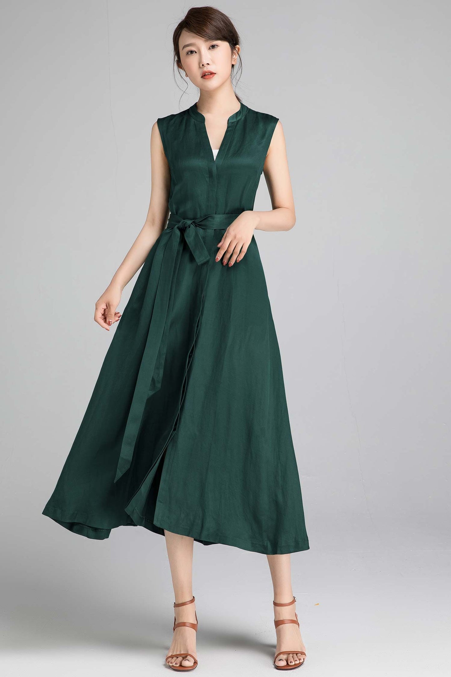 Sleeveless maxi green linen dress for women 2333