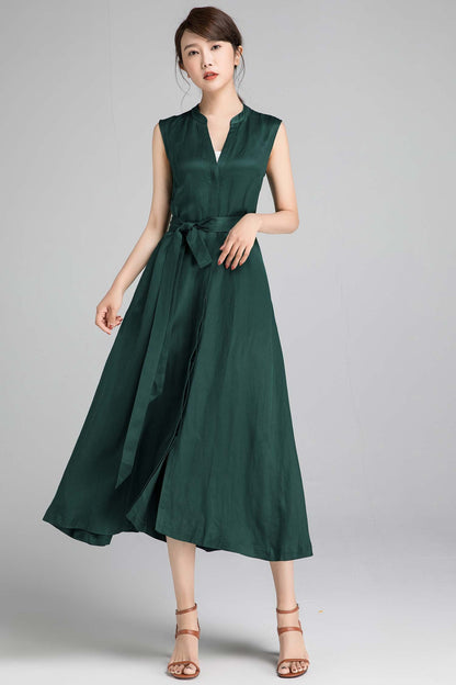 Green Linen Sleeveless Maxi Dress - A-Line with Self-Tie Belt 2333