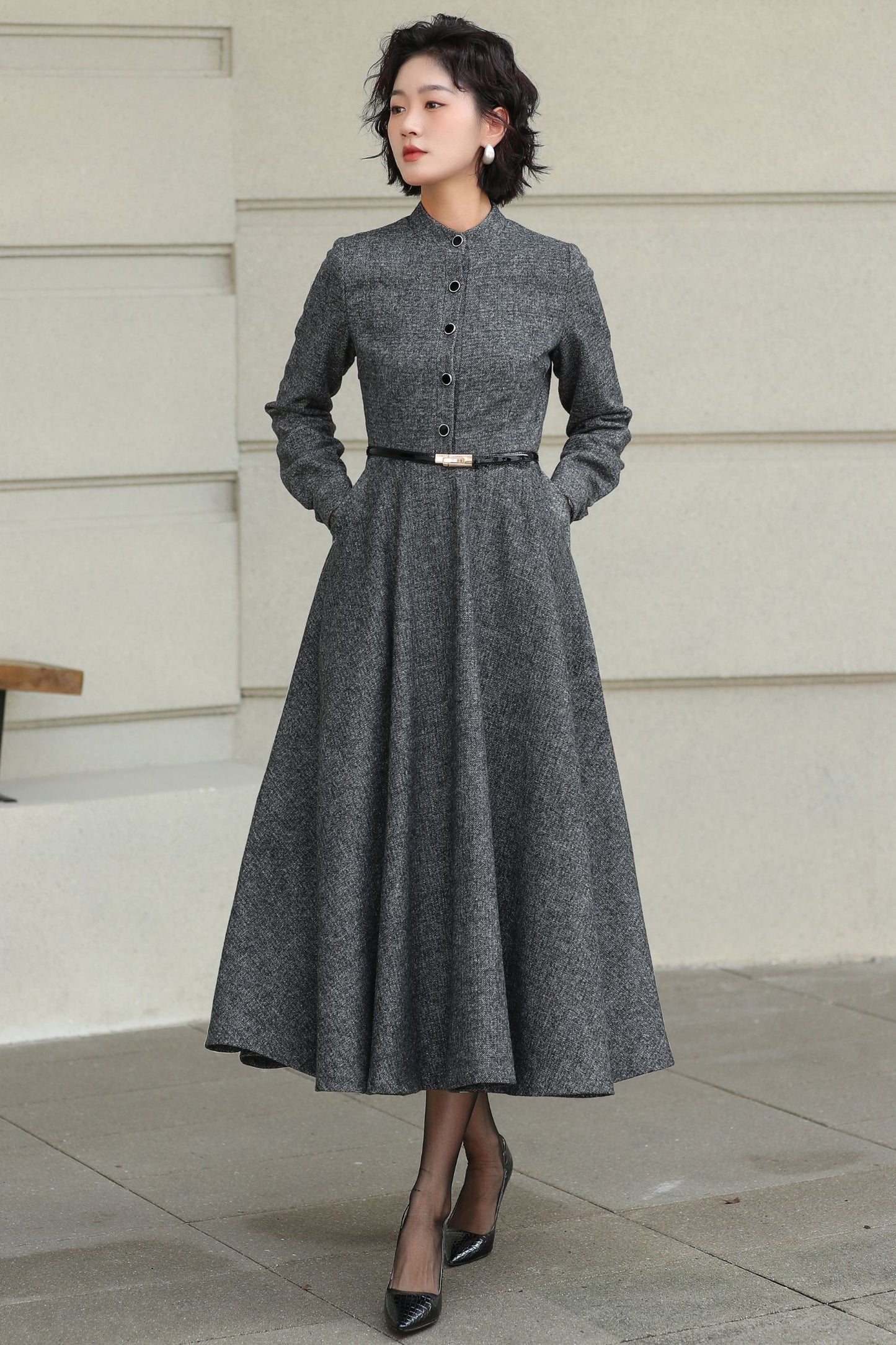 Wool A-Line Midi Gray Belted Vintage Style Dress 6508