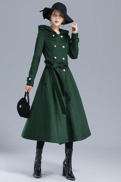 Emerald Green Wool Trench Coat - Hooded, Double Breasted, Mid-Calf Length 3212