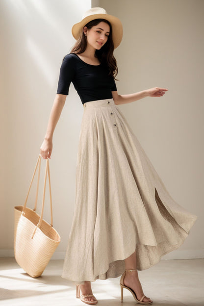 Beige Linen Cotton Maxi Skirt - A-Line with Front Buttons 5069