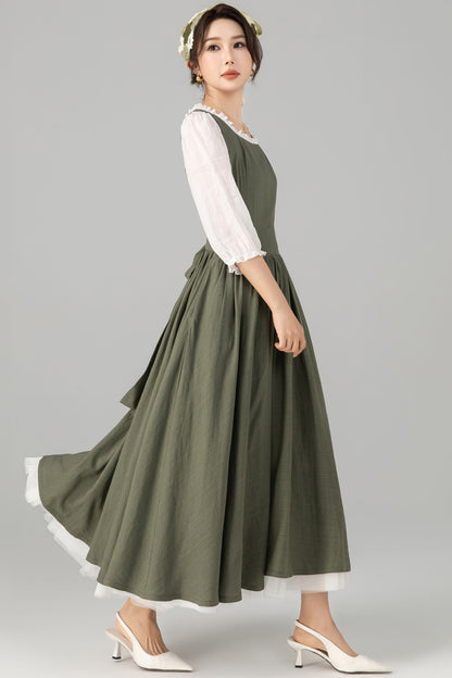 Army Green Linen Cotton Midi Dress - Square Neck Ruffle | Xiaolizi 5705