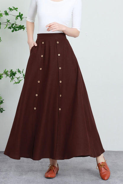 Brown Linen Maxi Skirt - Flowing Button Front with Elastic Waist 5733