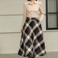 Brown Plaid Wool Midi Skirt – High Waist A-Line Winter Skirt with Pockets 6421