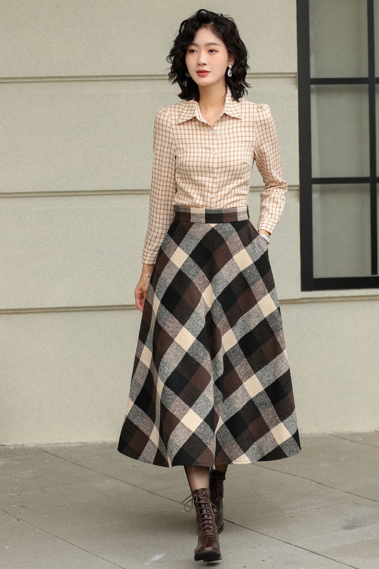 Brown Plaid Wool Midi Skirt – High Waist A-Line Winter Skirt with Pockets 6421