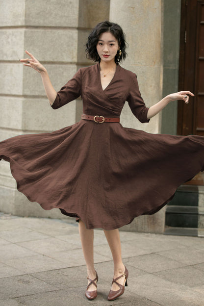 Brown Linen Midi Dress - A-Line V-Neck Pleated | Xiaolizi 5754