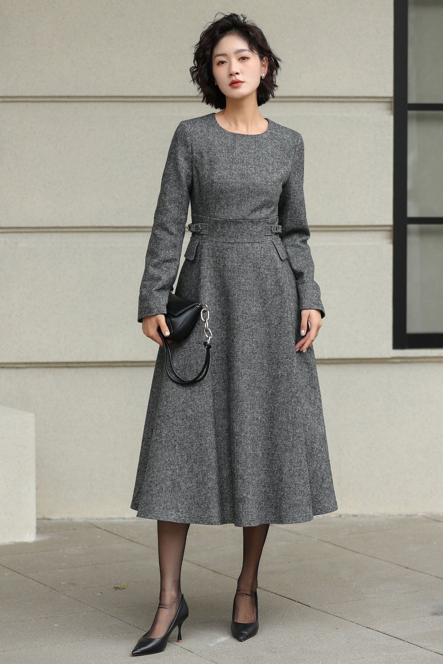 Classic Gray Fit And Flare Wool Dress 6530