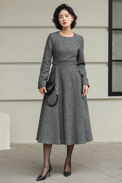 Classic Gray Fit And Flare Wool Dress 6530