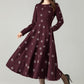 Burgundy Embroidered Wool Midi Dress – Fit & Flare Winter Swing Dress | Xiaolizi 6569