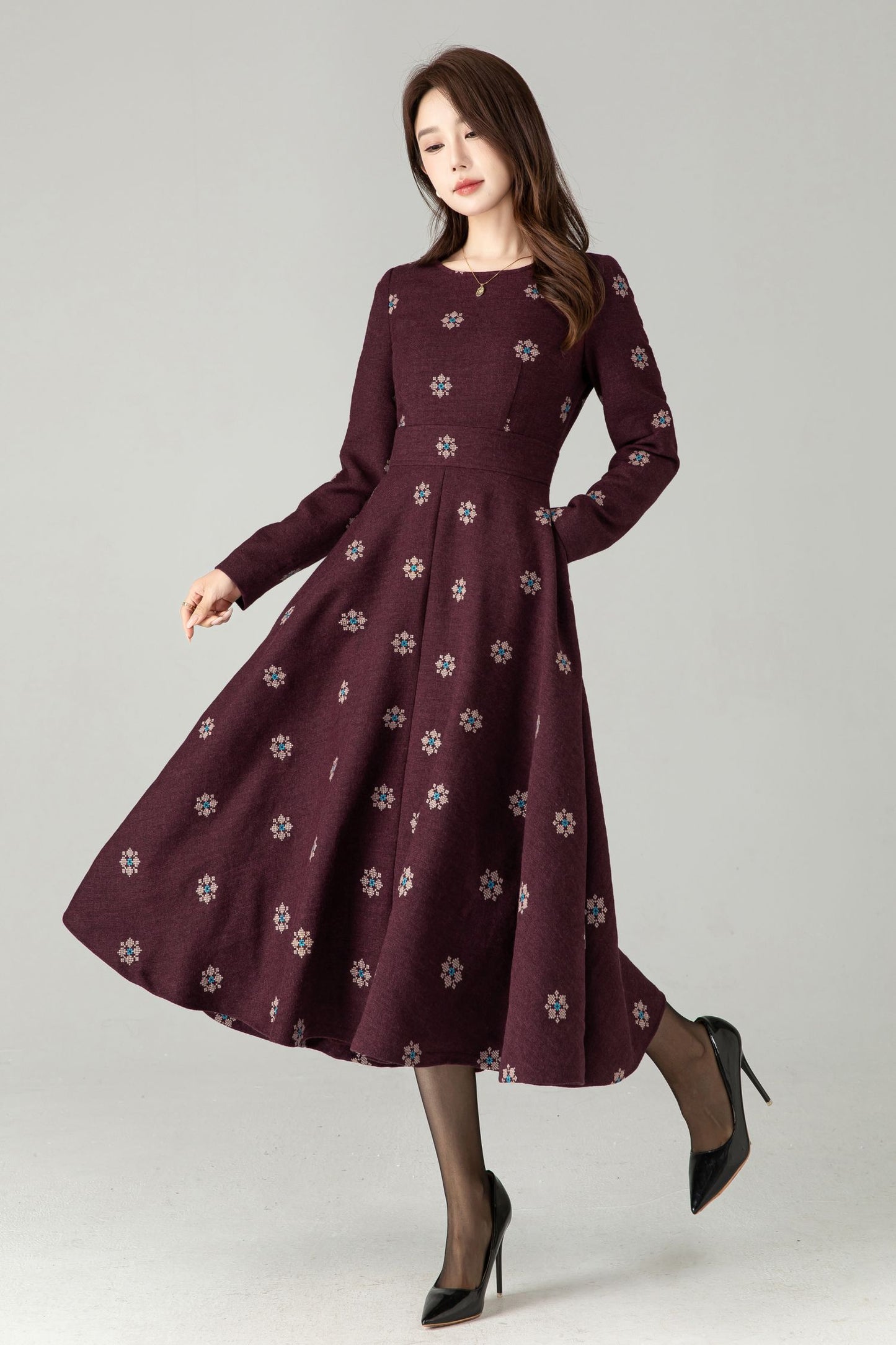 Burgundy Embroidered Wool Midi Dress – Fit & Flare Winter Swing Dress | Xiaolizi 6569