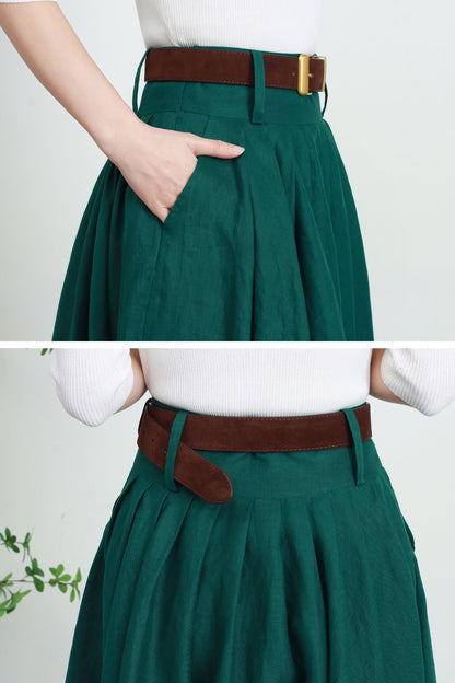 Emerald Green Linen Midi Skirt - Pleated High Waist Swing 5737