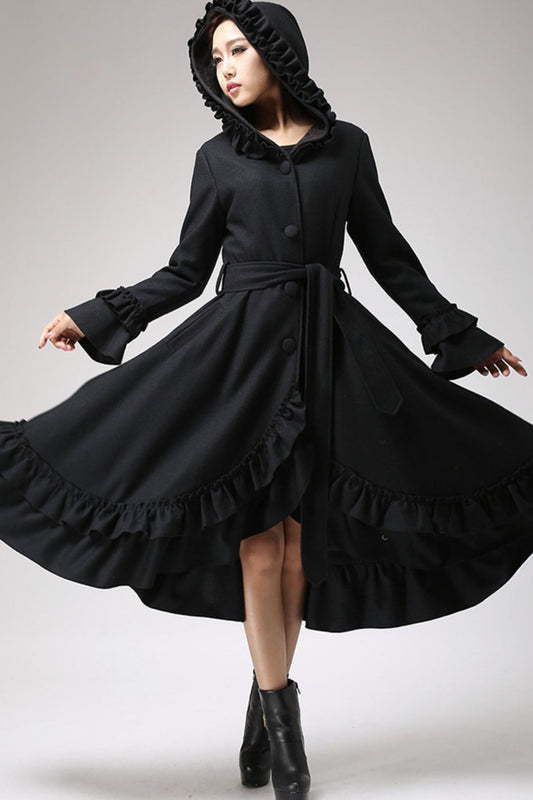 Women’s Hooded Wool Coat – Long Maxi Winter Coat with Ruffle Details 0713