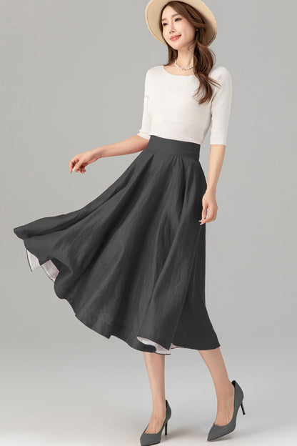 Grey Linen Midi Skirt - High Waist Flared Circle Swing | Xiaolizi 5728