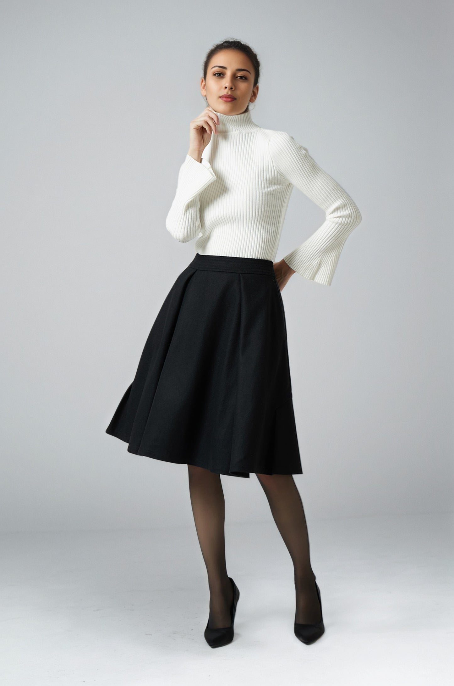 knee length black wool skirt 6291