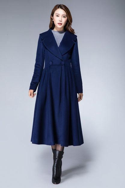 Elegant Navy Wool Blend Coat – Handmade Fit & Flare Princess Midi Coat | Xiaolizi 1866