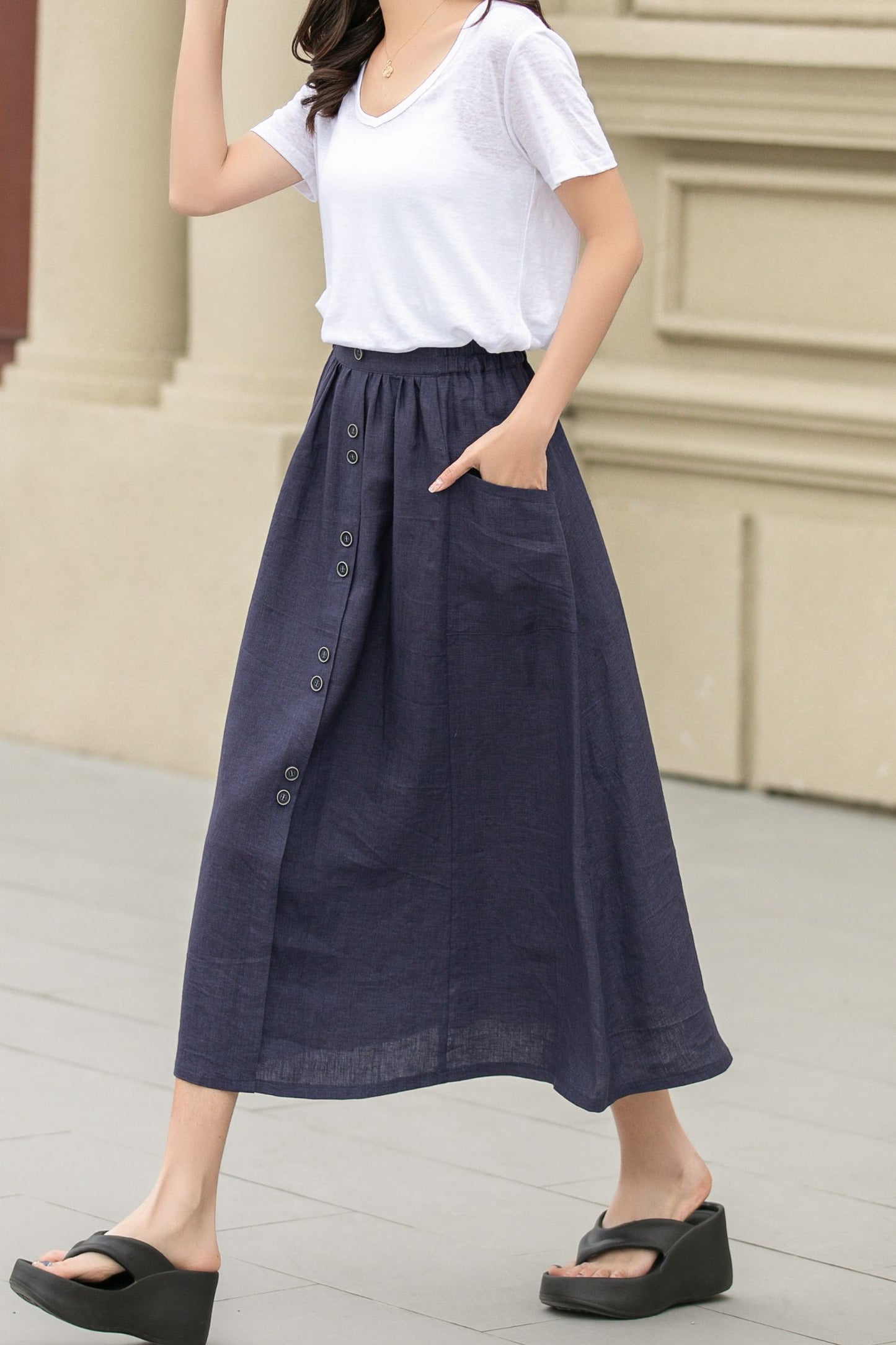 Button up midi summer linen skirt 4944