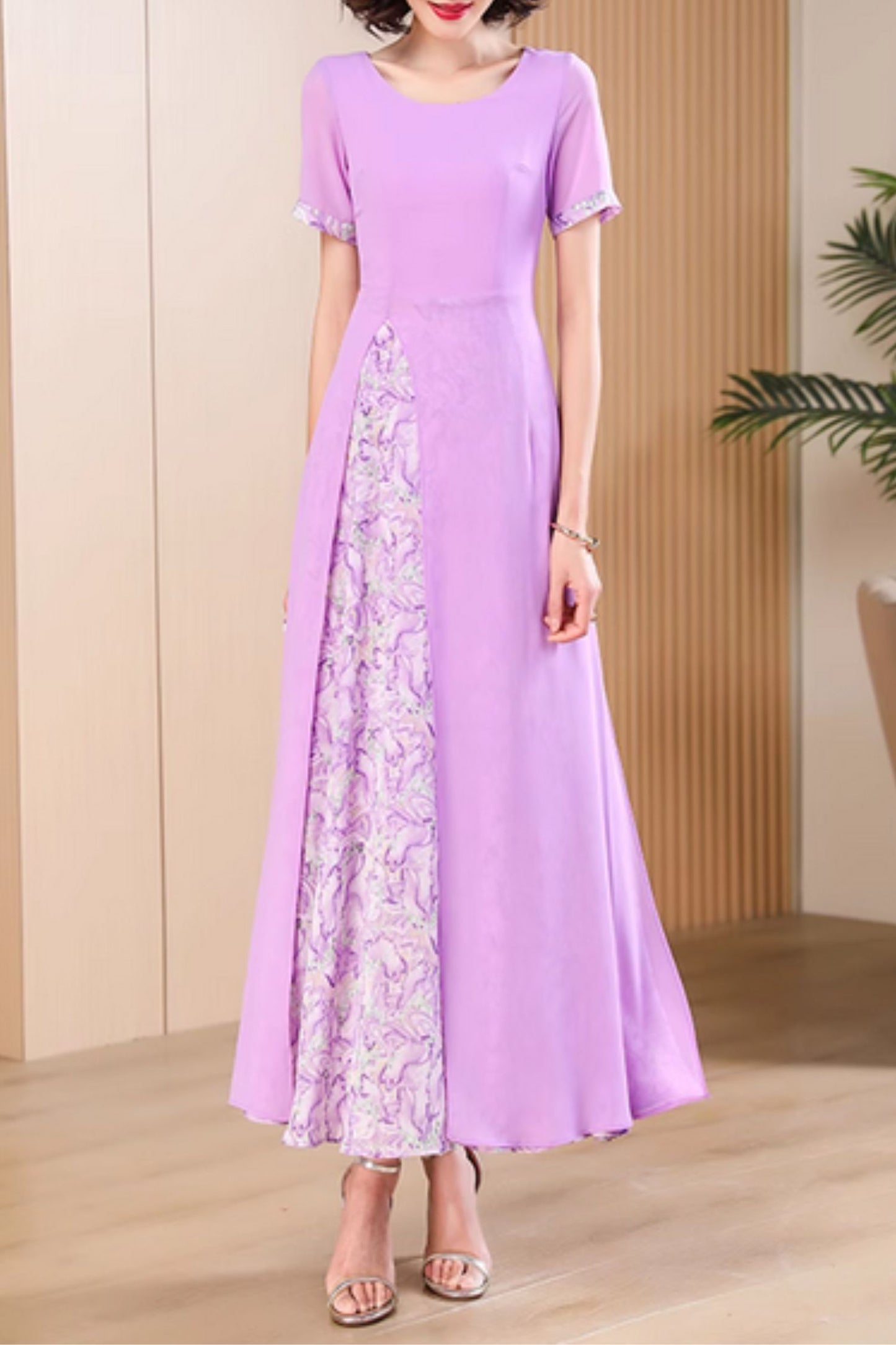 Block color maxi purple chiffon dresses 5010