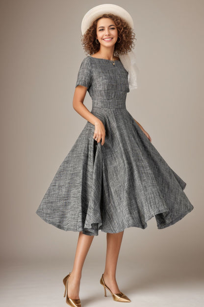 Gray swing summer linen dress 5068