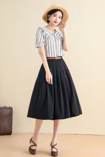 Black Linen Cotton Midi Circle Skirt - Pleated A-Line with Pockets 2785