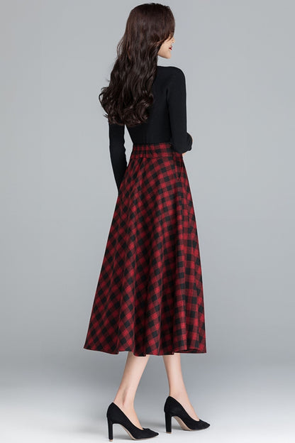 Plaid midi winter wool skirt women 6211