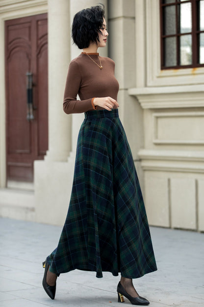 Plaid Wool Maxi Skirt – Vintage A-Line Winter Skirt with Pockets 5451