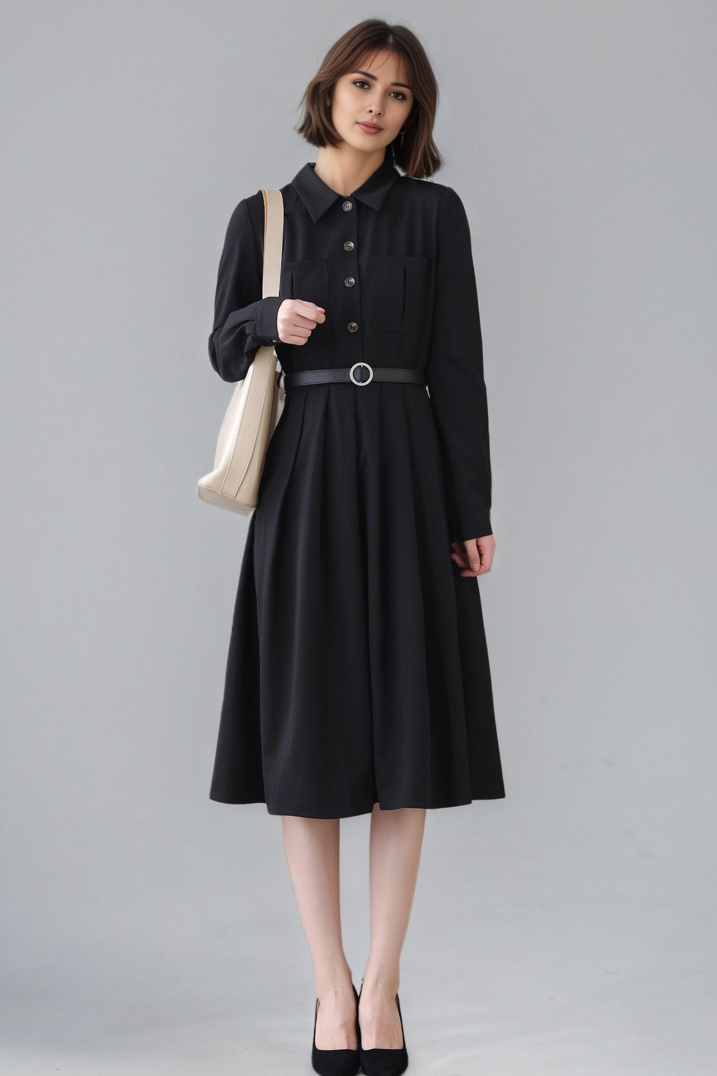 Xiaolizi Black Pleated Midi Dress – Vintage Long Sleeve Button Front Dress 6347