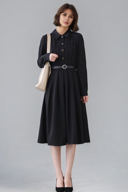Xiaolizi Black Pleated Midi Dress – Vintage Long Sleeve Button Front Dress 6347