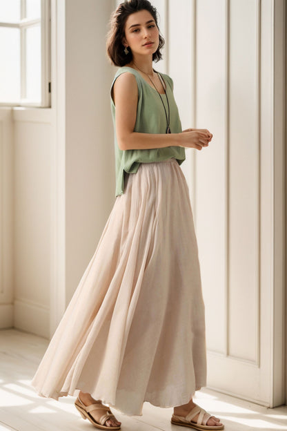 Beige Linen Cotton Maxi Skirt - Circle Swing Pleated | Xiaolizi 5134