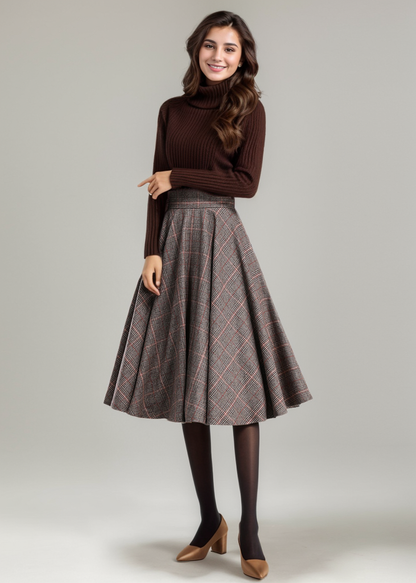 Wool Blend Plaid Skirt – A-Line Pleated Midi Skirt with Back Zipper 3167