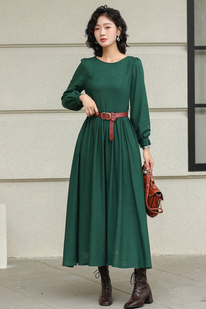 Green Linen Cotton Maxi Dress - Pleated Waist, Flowing A-Line Silhouette 6425